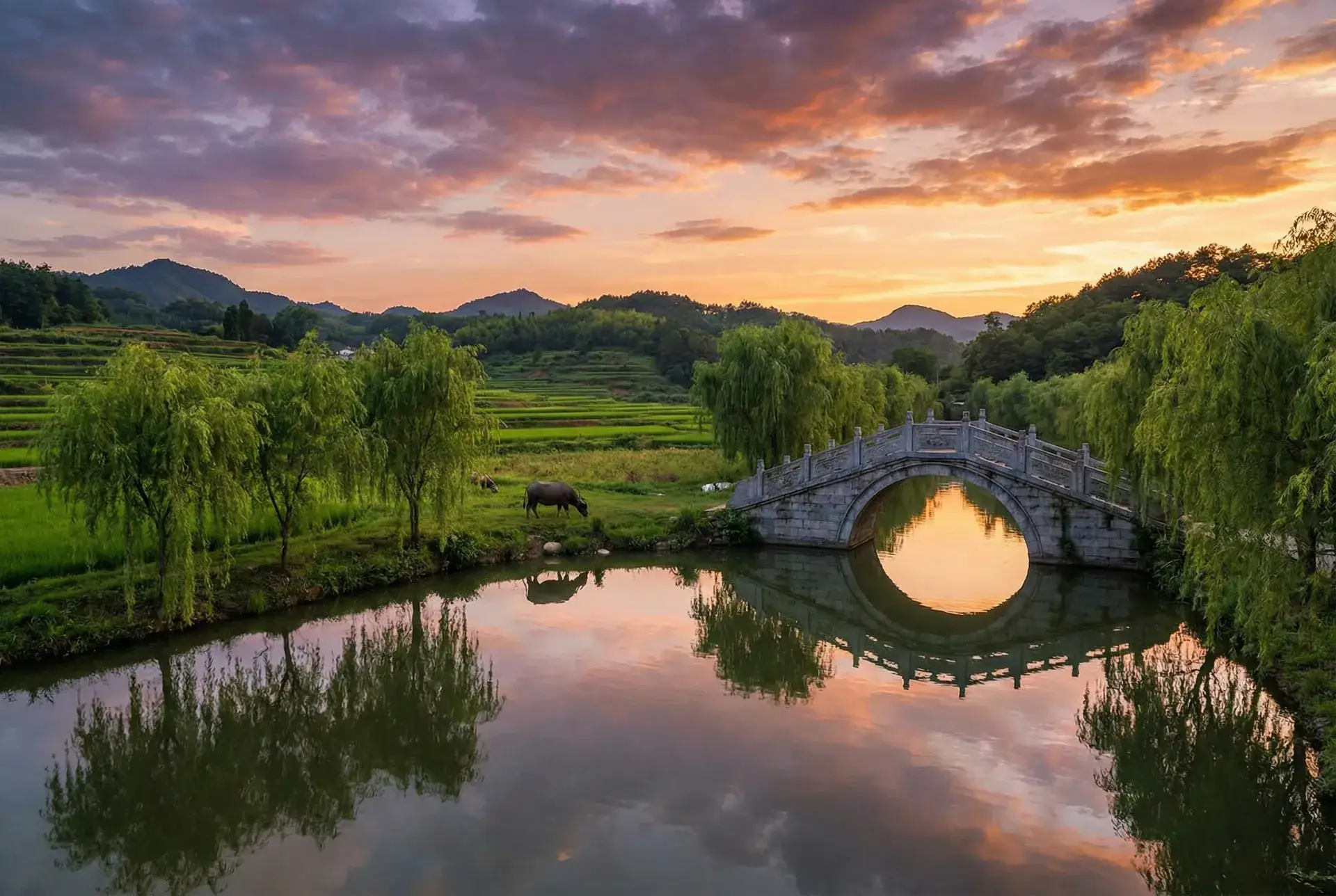 夕阳下的石拱桥与垂柳，水牛在河边吃草 - 4444kk.con 乡村美景